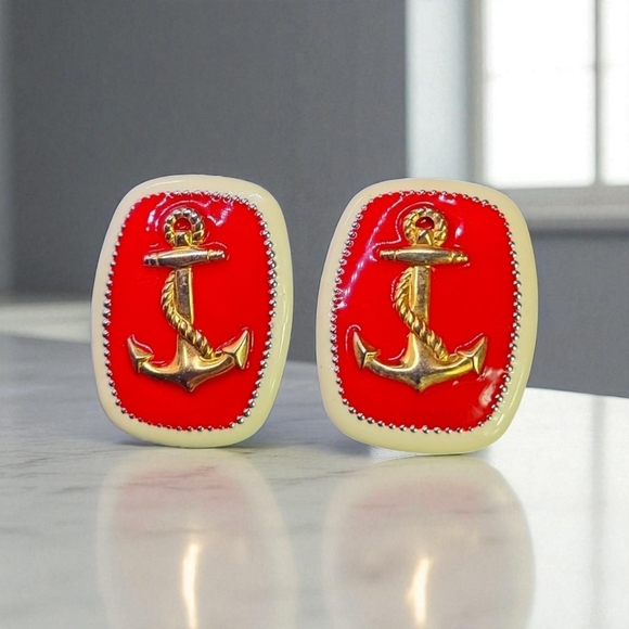 Vintage enamel earrings gold and tan color boat anchor detail - Picture 1 of 10